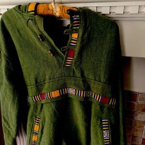 Funky flannel lined size large Colombian hoodie with striped trim